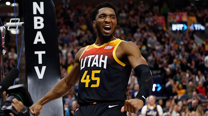 Donovan Mitchell celebrates a play with the Jazz.